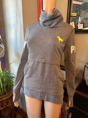 PINK Victoria's Secret Gray Funnel Neck Pullover with Yellow Dog Logo